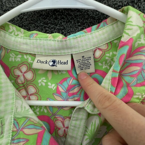 Duck Head Medium Women Button Up Floral Shirt Green Pink 1/2 Sleeve Stretch - Picture 7 of 14